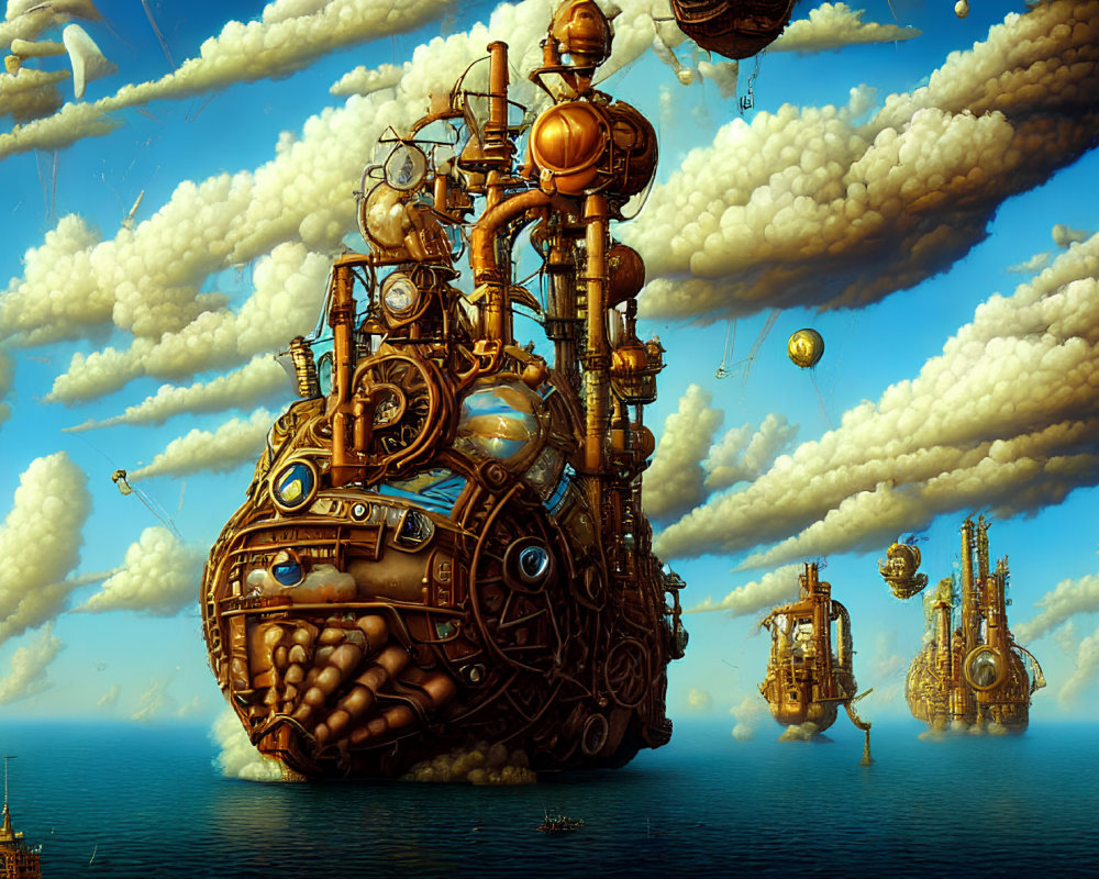 Steampunk-inspired floating city with metallic structures and airships in blue sky