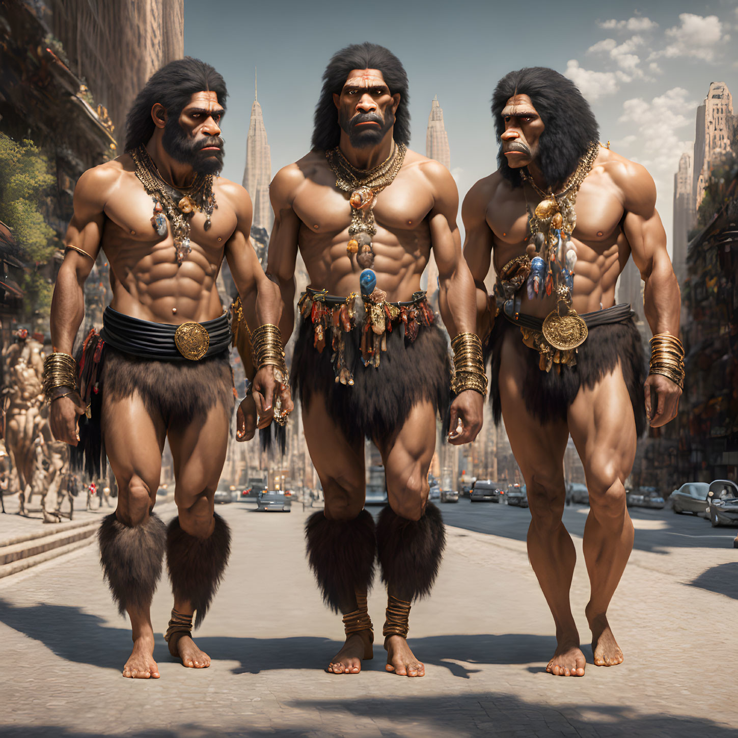 Anthropomorphic apes in city setting with jewelry and loincloths