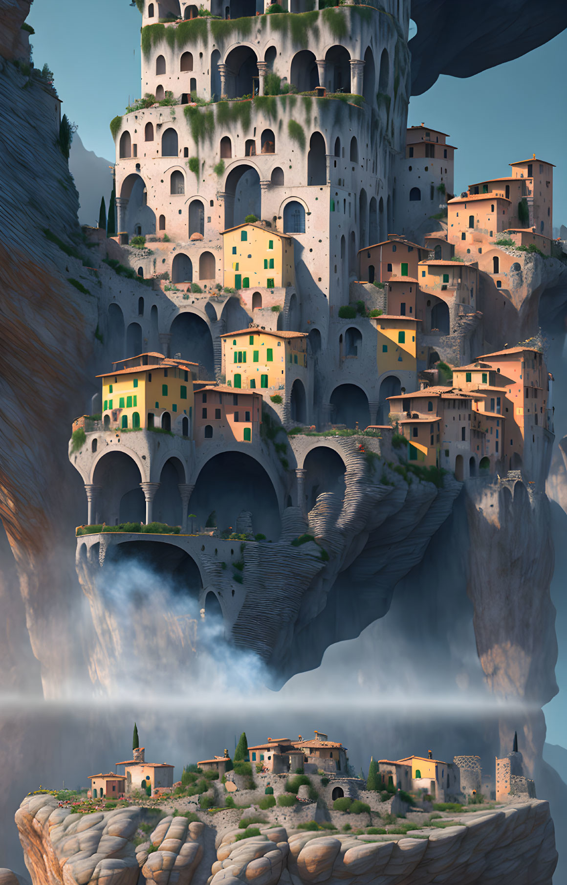 Cliffside village with cylindrical buildings on steep rock formation