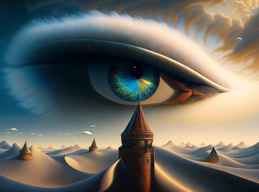 Surreal giant eye above sand dunes with castle structures