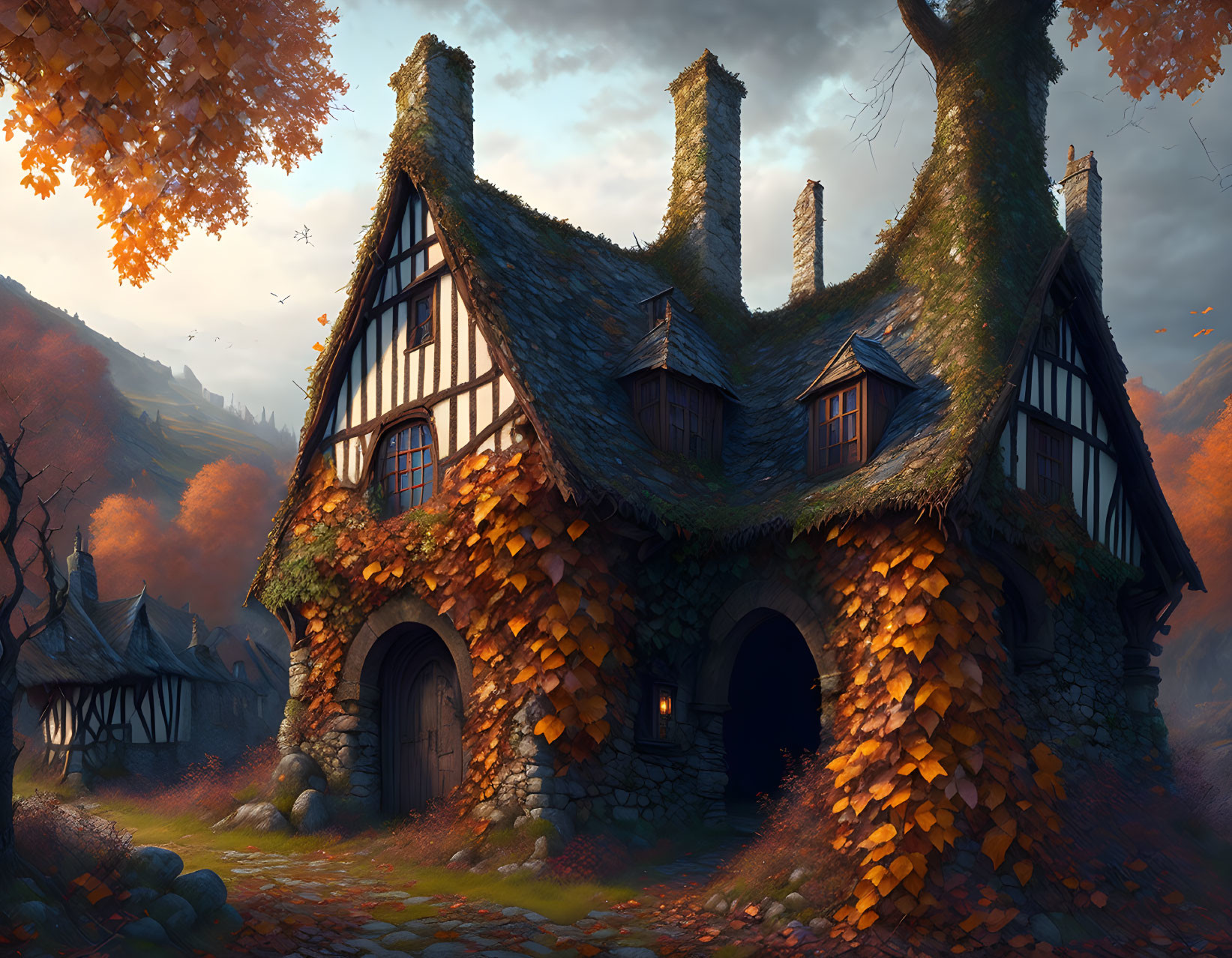 Autumnal Tudor-style cottage in serene forest clearing at dusk