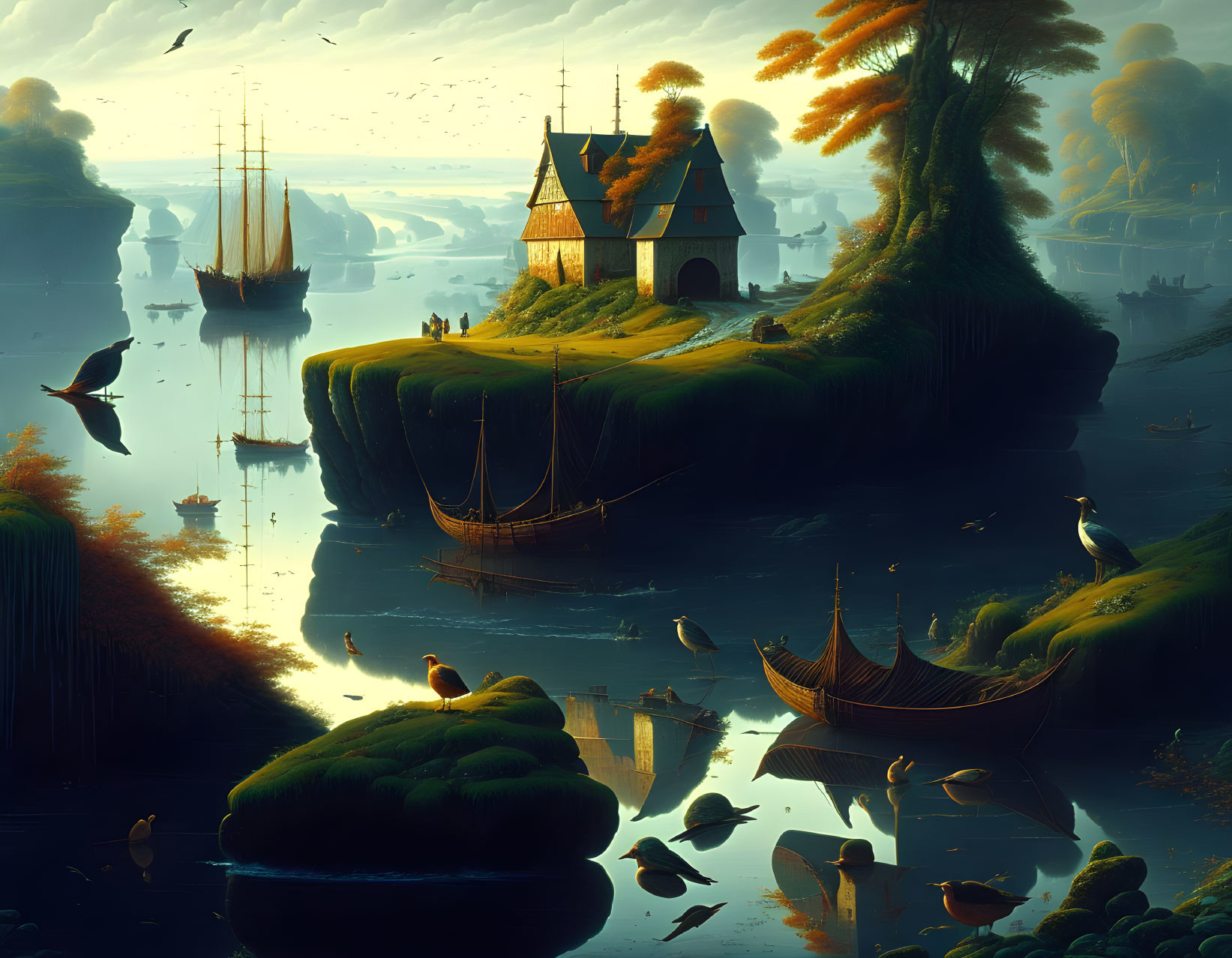 Tranquil landscape with cliff-top house, trees, ships, birds