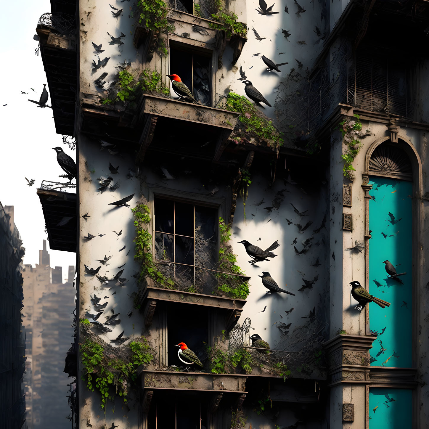 Old Building with Overgrown Plants and Birds Perched on Window Ledges