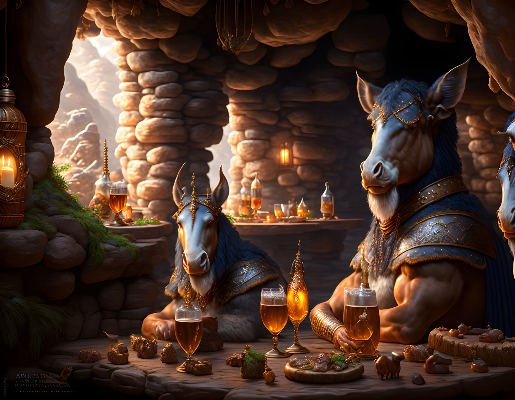 Majestic horses with jewelry at stone bar with beer and candles.