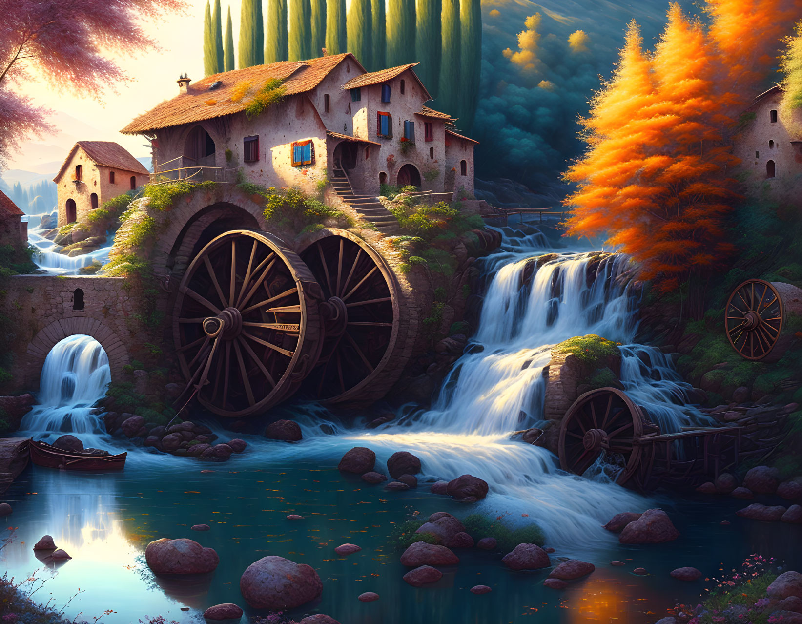 Stone houses on waterfall with waterwheels, autumn foliage, warm light