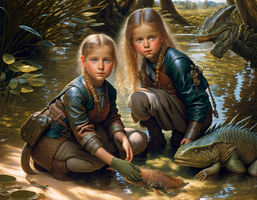 Two girls in fantasy attire with iguanas in lush forest setting