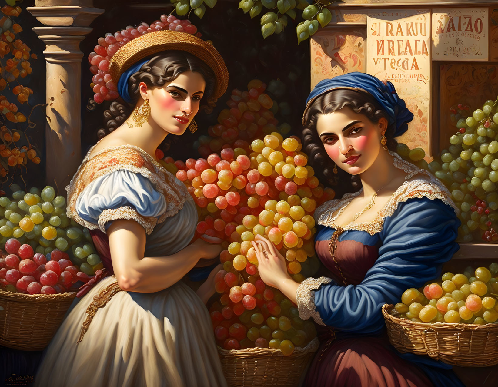 Historical women discussing by grapevine wall with harvest poster.