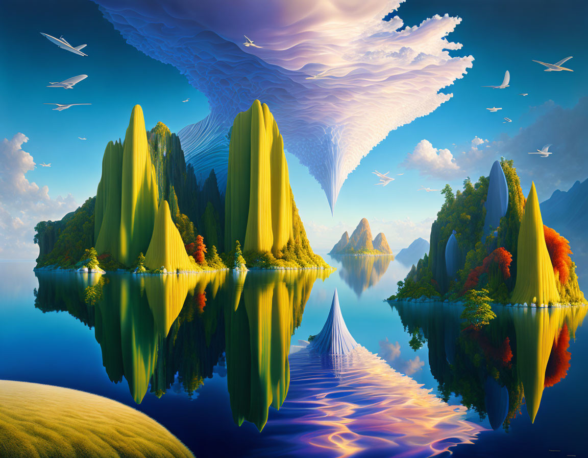 Fantasy landscape with towering islands, reflective water, colorful foliage, birds, and surreal clouds