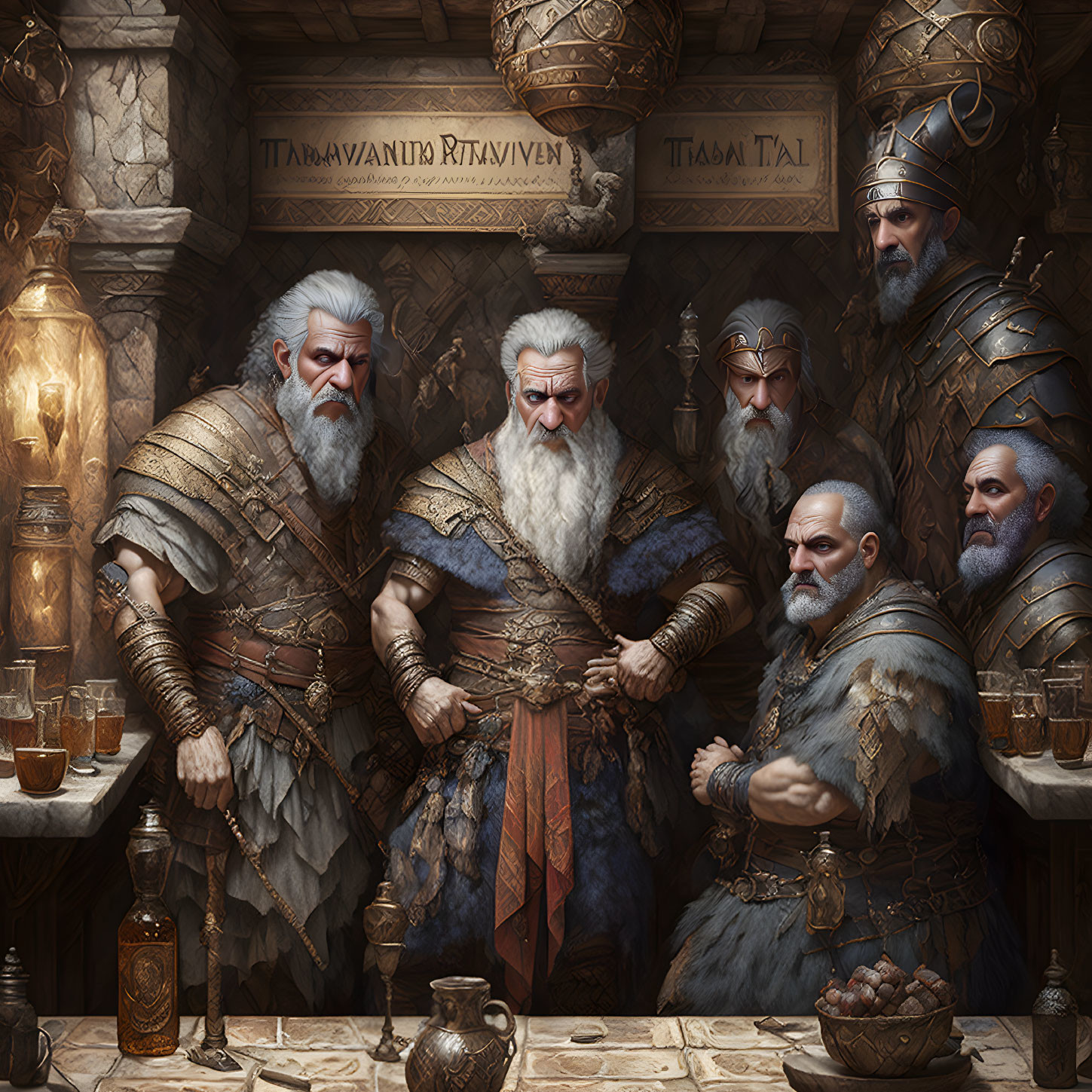 Detailed Medieval Dwarves in Armor Strategizing Around Stone Table