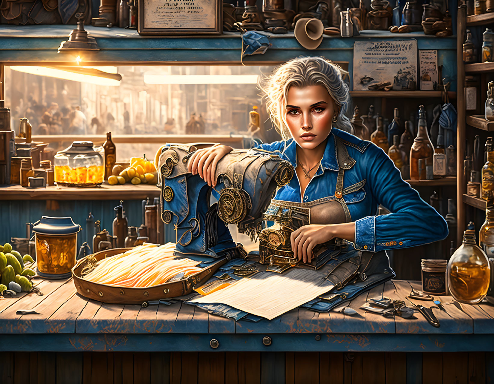 Woman in denim jacket working on mechanical device in workshop filled with tools, papers, and bottles under warm