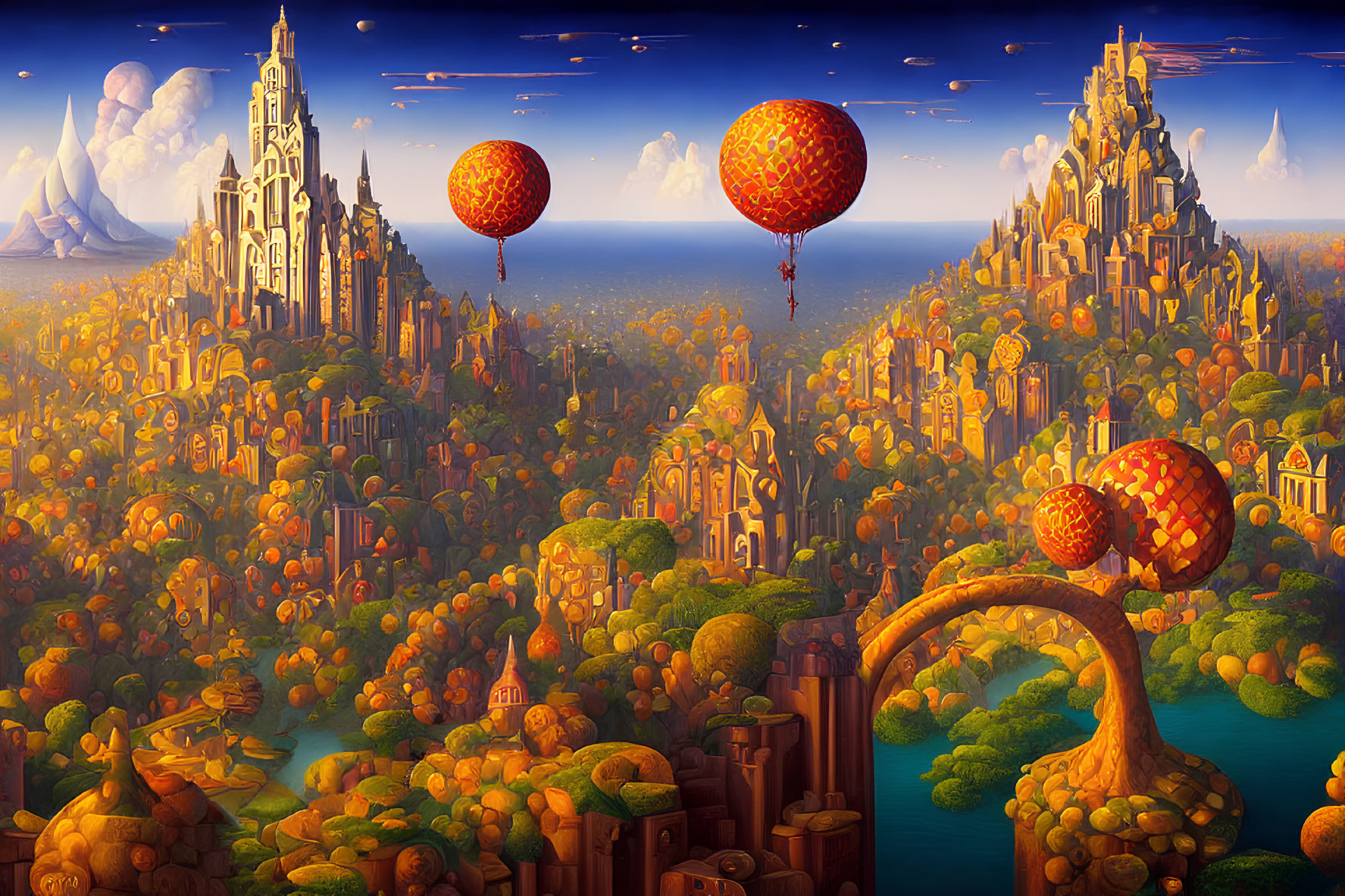 Fantasy landscape with ornate structures, hot air balloons, and autumnal trees