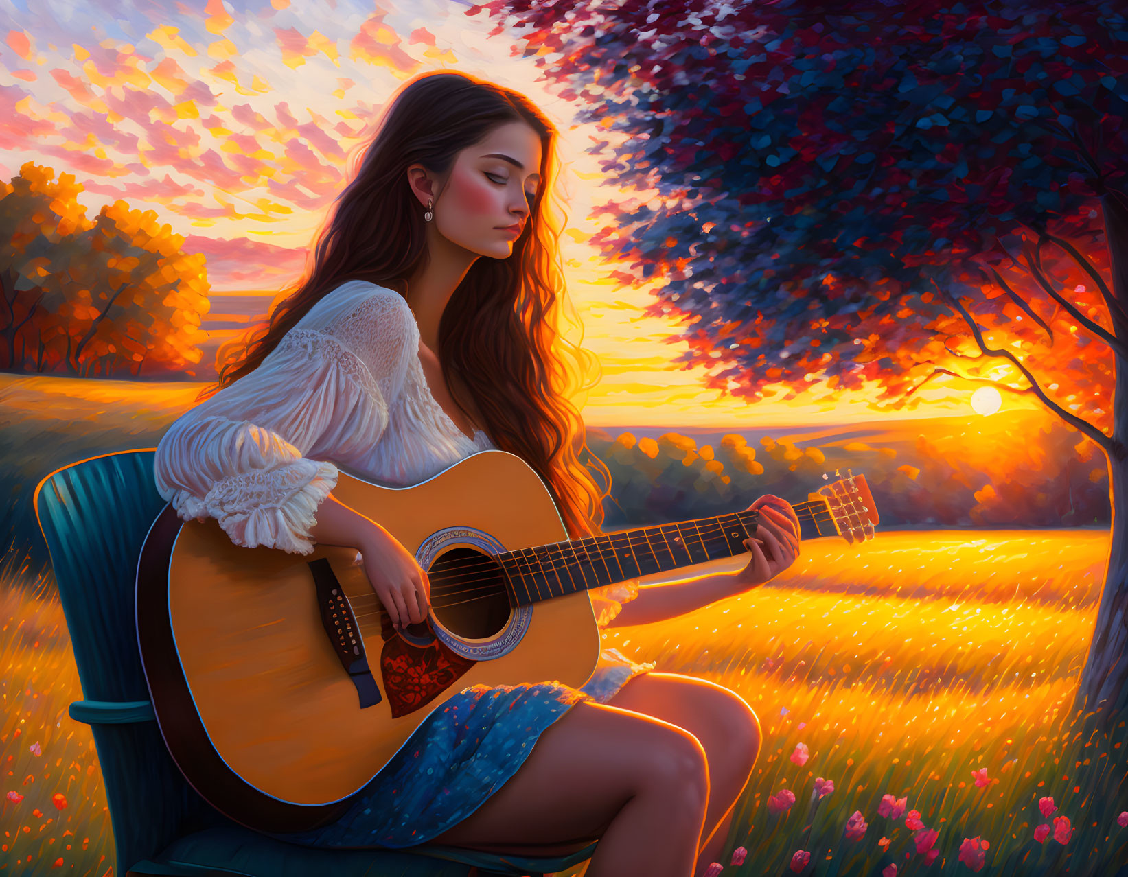 Woman Playing Guitar at Sunset with Colorful Sky and Trees