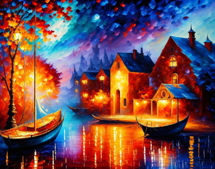 Colorful lakeside painting: lit buildings, boats, autumn trees under moonlit sky