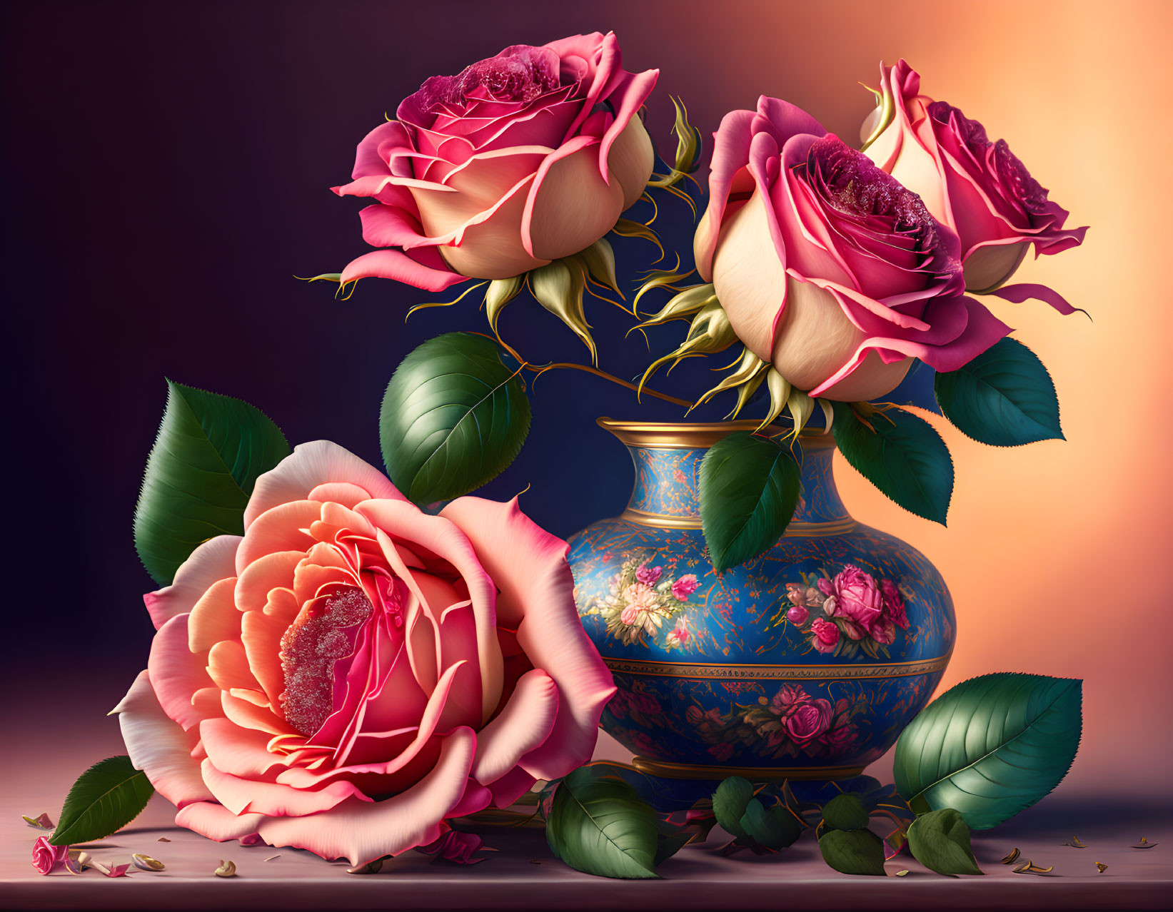 Detailed pink-orange roses in blue vase on gradient background