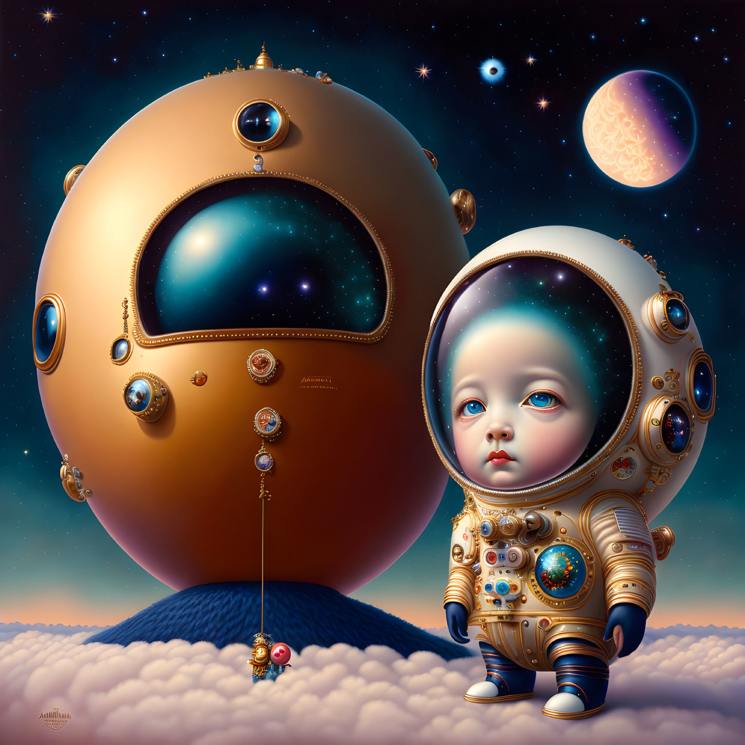 Child astronaut on cloud-covered planet with celestial bodies