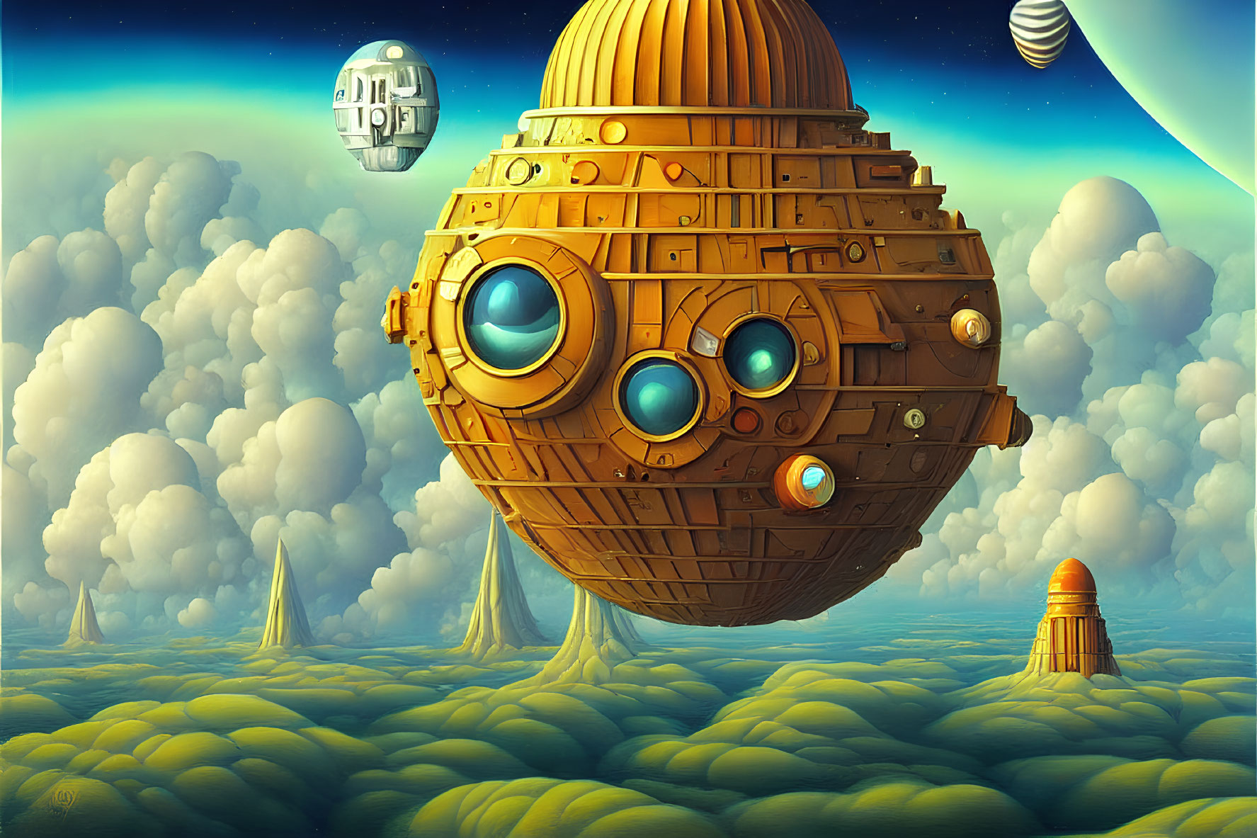 Floating wooden sphere with glass windows above cloudy landscape and planets