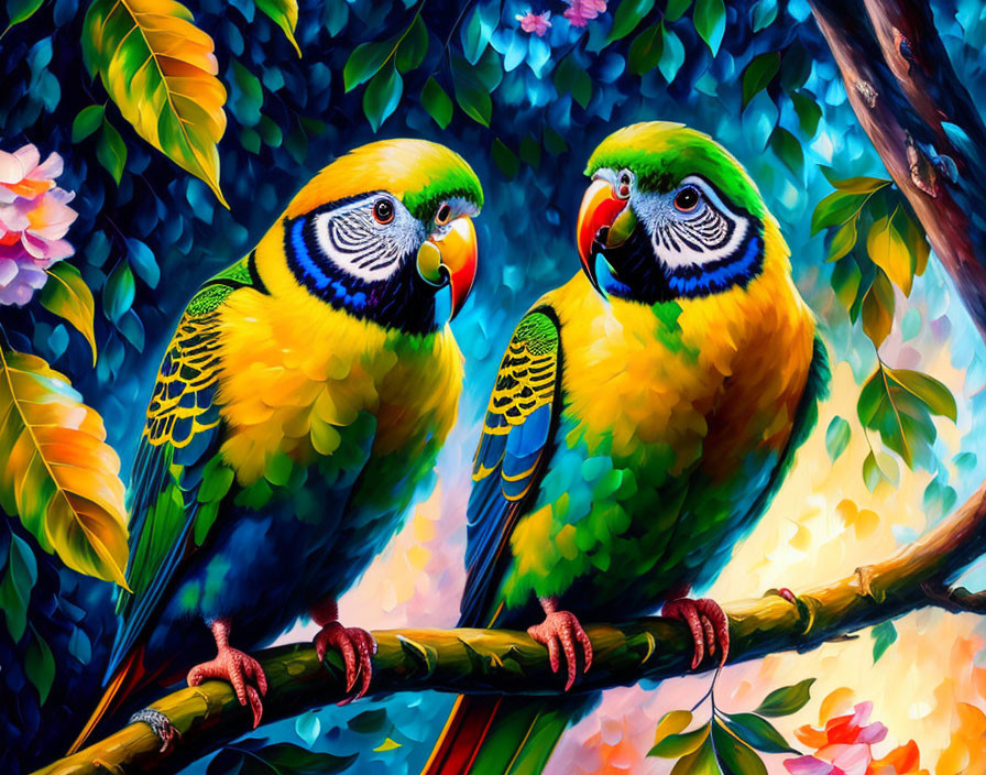 Colorful parakeets on branch amidst lush foliage and flowers