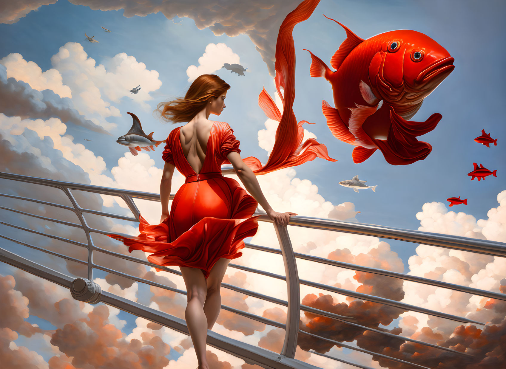 Woman in red dress on bridge gazes at giant fish in sky