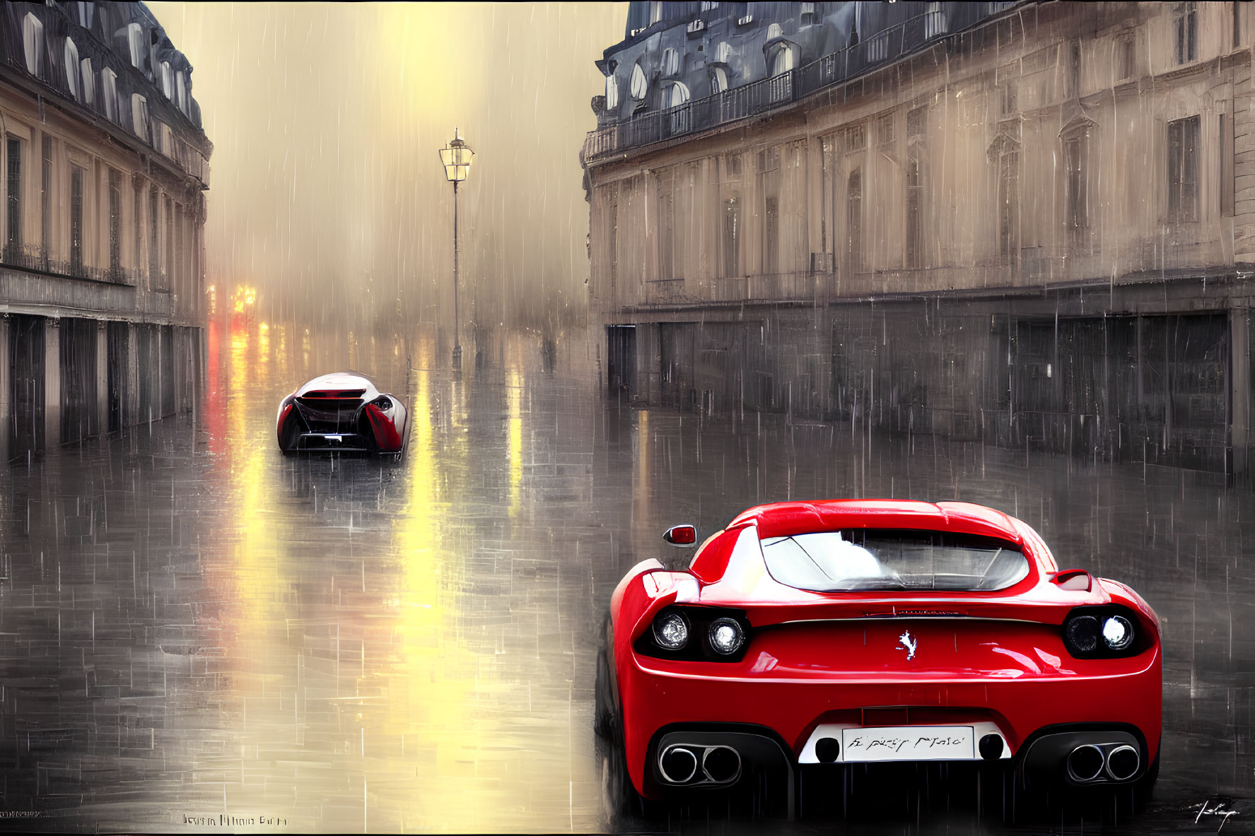 Red sports car parked on wet street under golden light