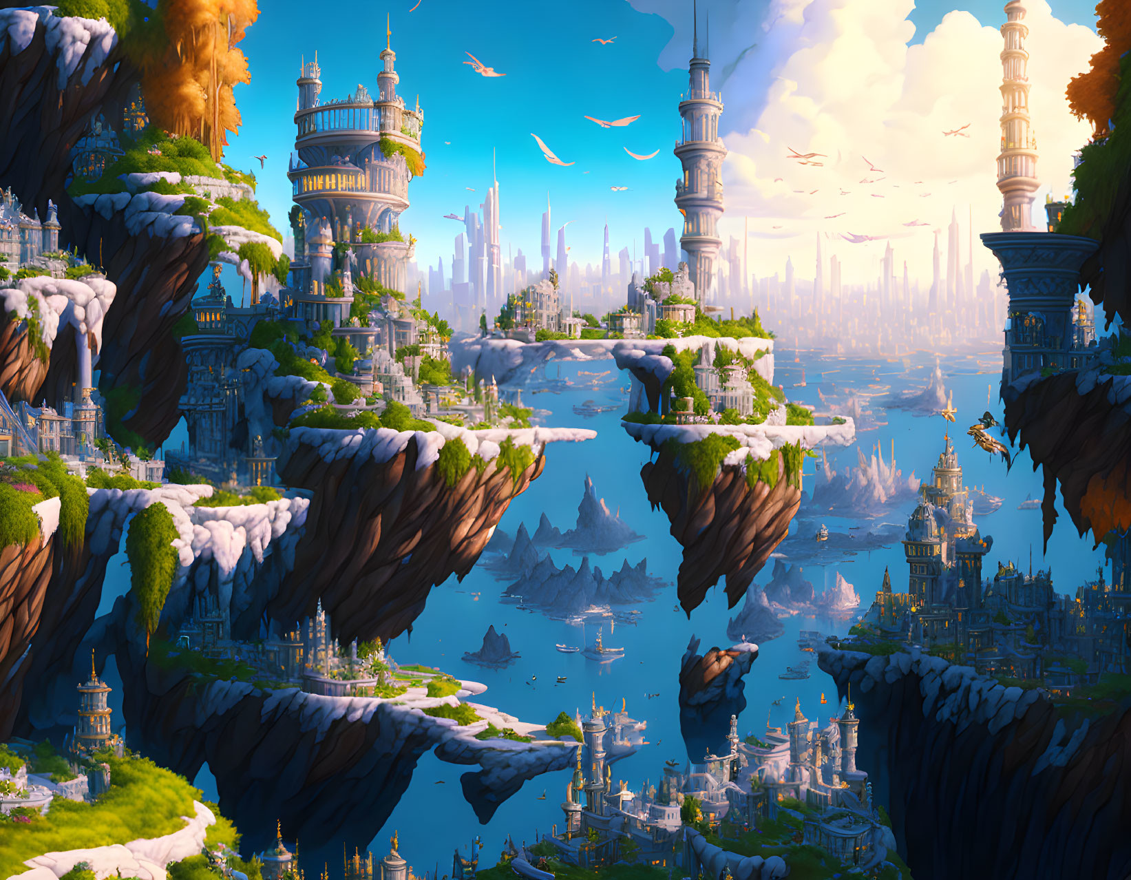 Futuristic floating islands with waterfalls and greenery in vivid sky