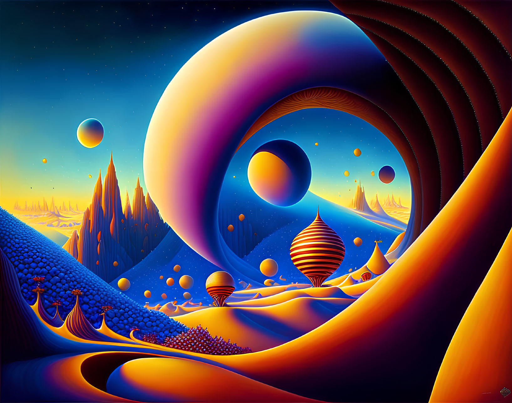 Surreal landscape with swirling patterns and celestial bodies in blue and orange palette