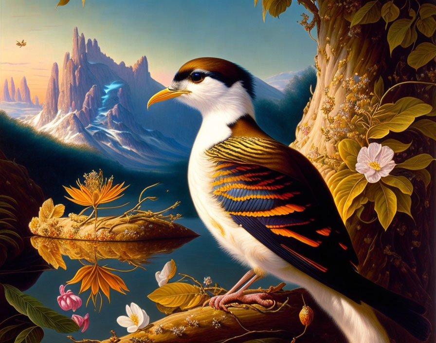 Colorful surreal painting: oversized bird with elaborate feathers on branch in fantastical landscape