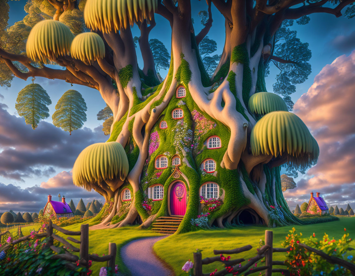 Whimsical fairytale landscape with pink door and lush garden