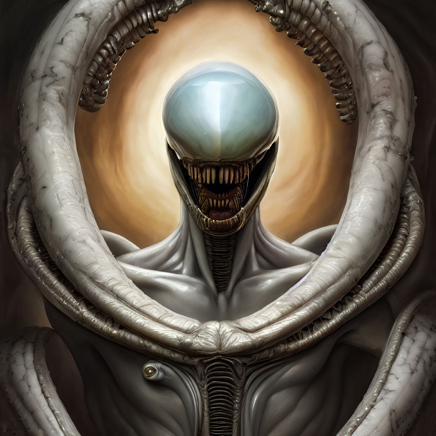 Illustration of Glossy Extraterrestrial with Elongated Head and Tentacle-like Appendages