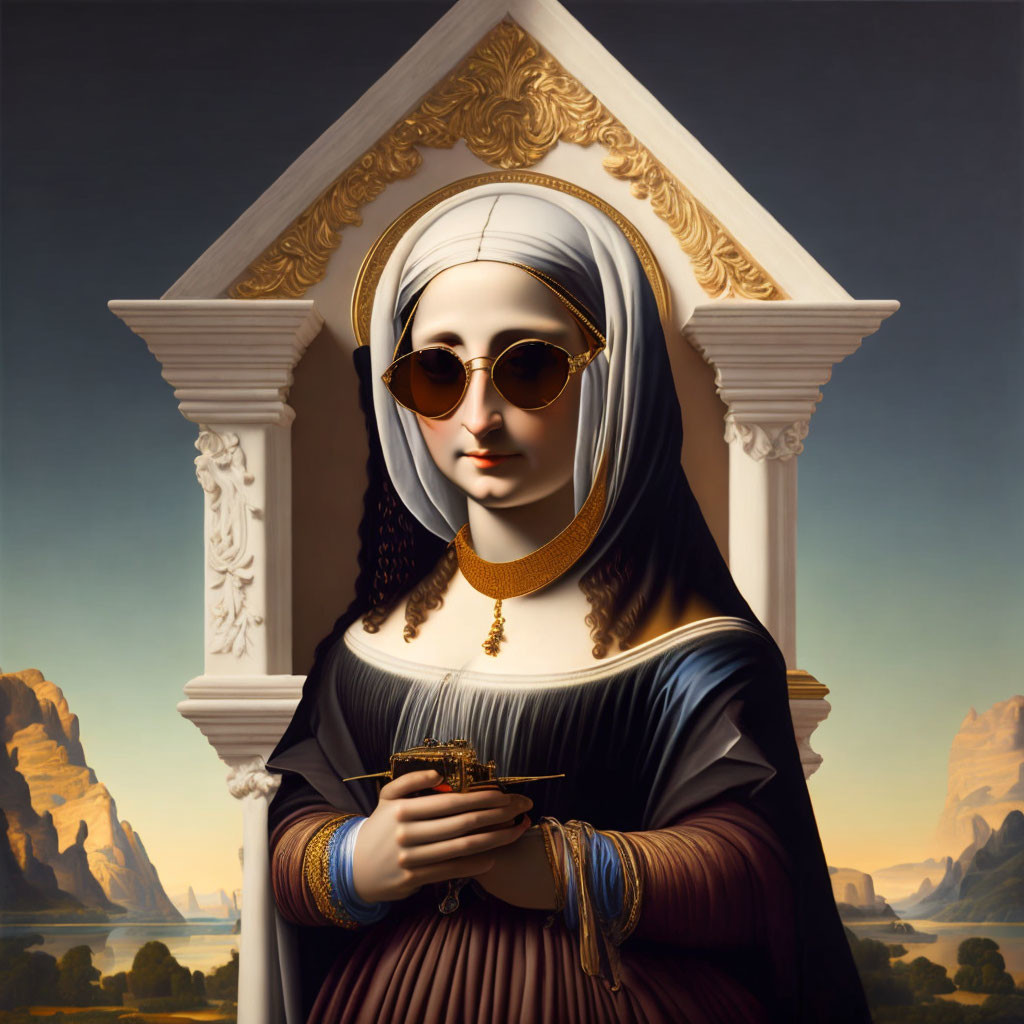 Modernized Mona Lisa with round sunglasses in front of classical archway and surreal landscape