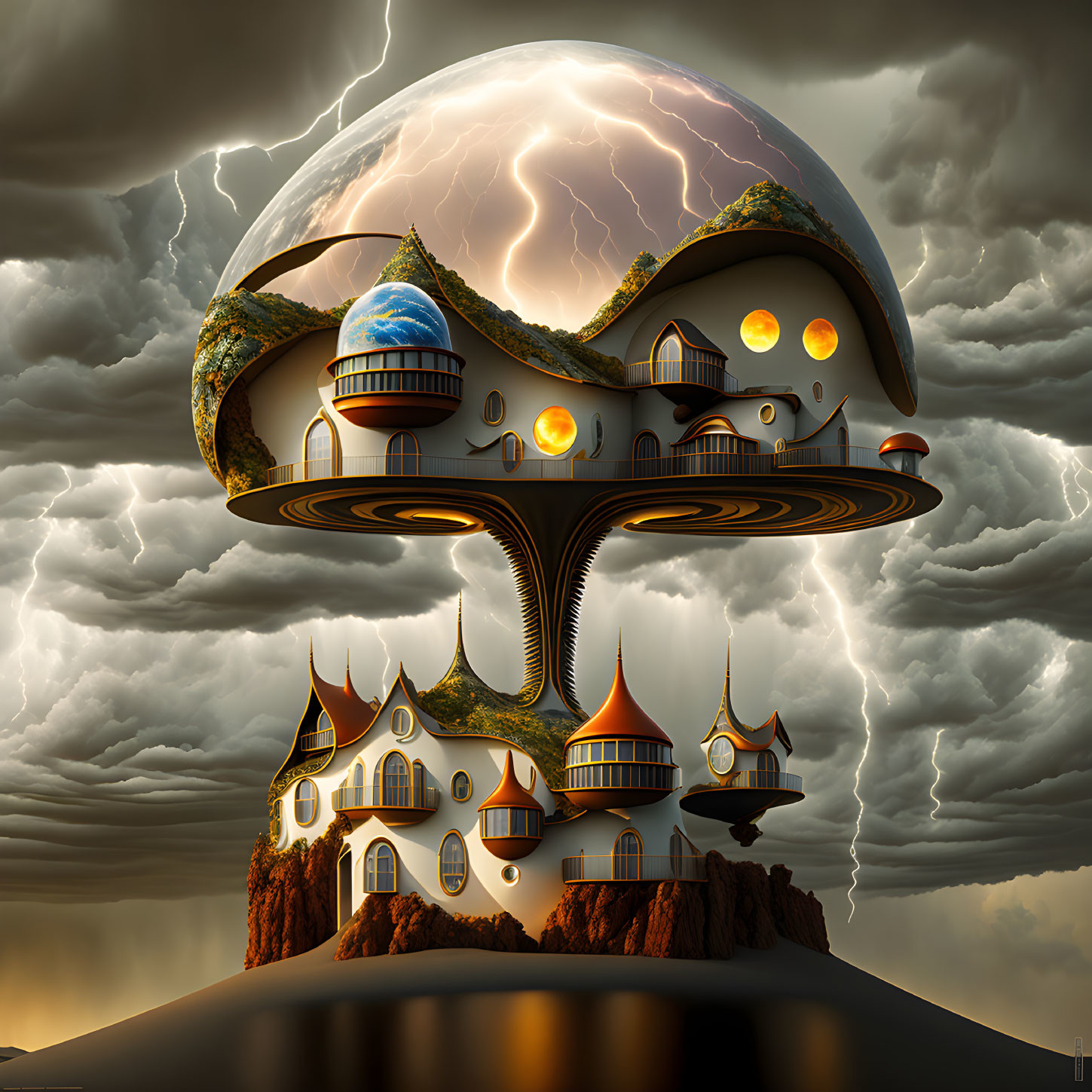 Fantastical mushroom-shaped structure in surreal landscape