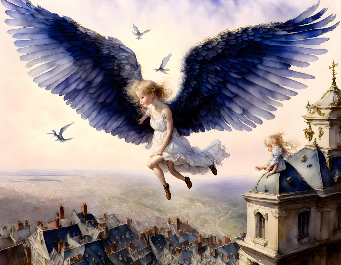 Two girls with blue wings in cityscape and rooftop scenes.