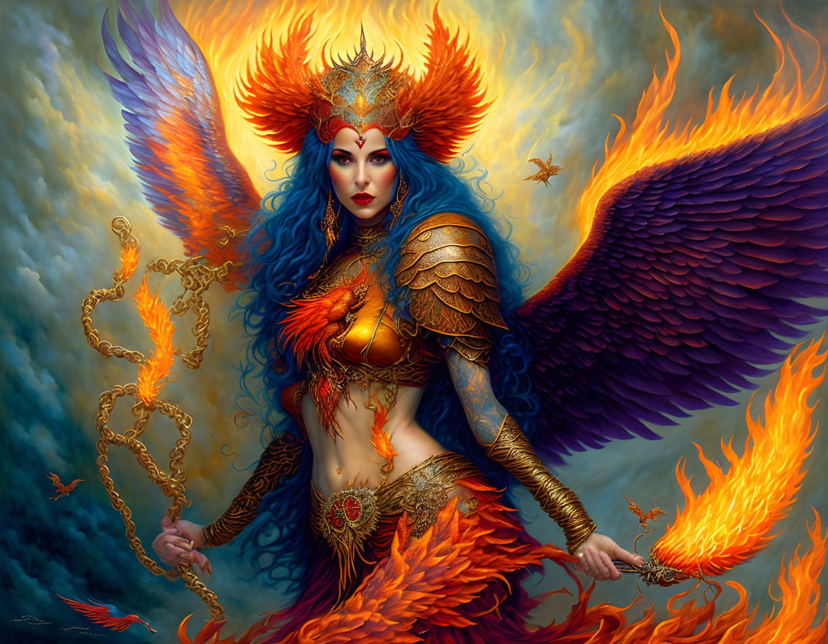 Mythical woman with fiery wings and phoenix-themed headdress