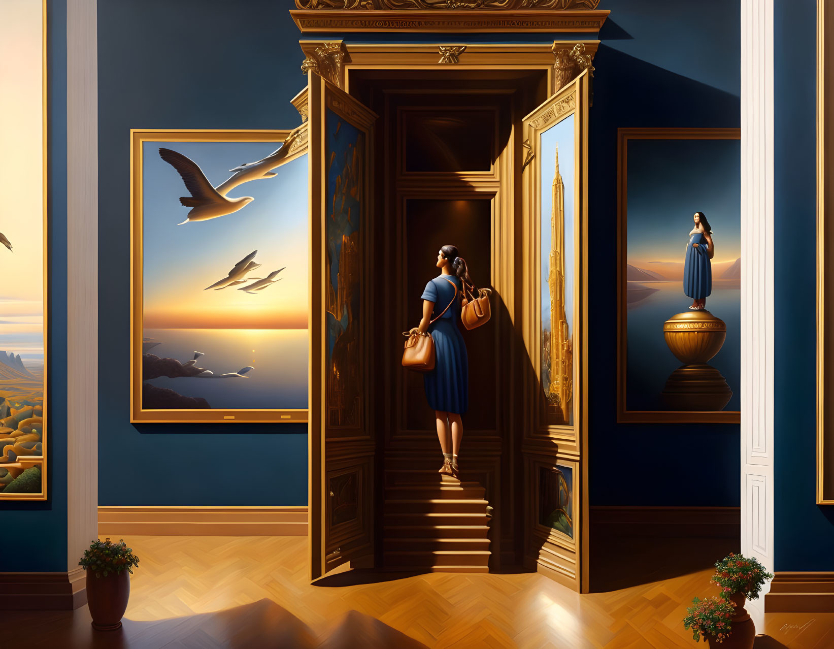 Woman ascending elegant gallery staircase with large paintings, vibrant sunset, and flying birds.