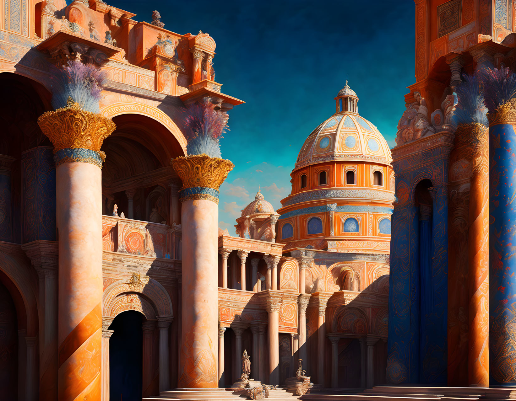 Fantastical palace with ornate columns and blue domed structure.