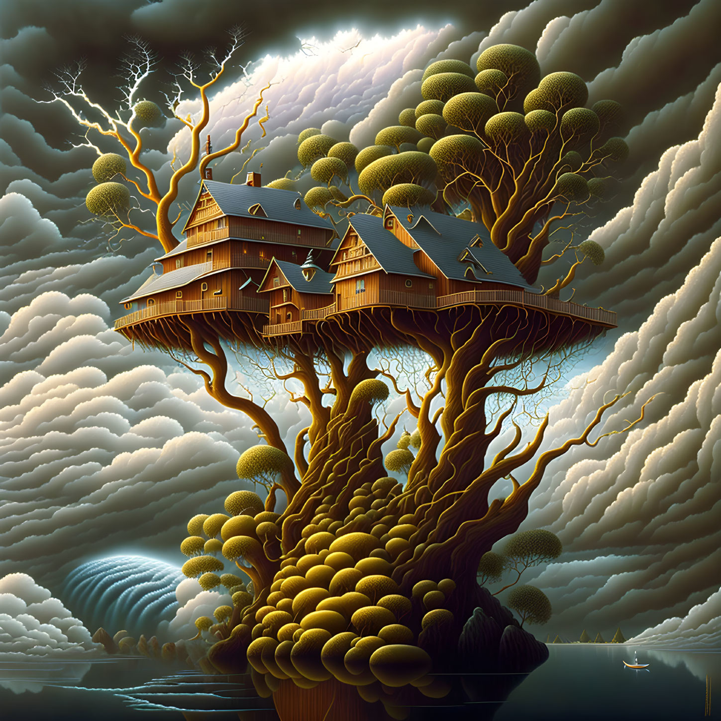 Fantastical treehouse on giant tree, stormy skies, lightning, serene water.