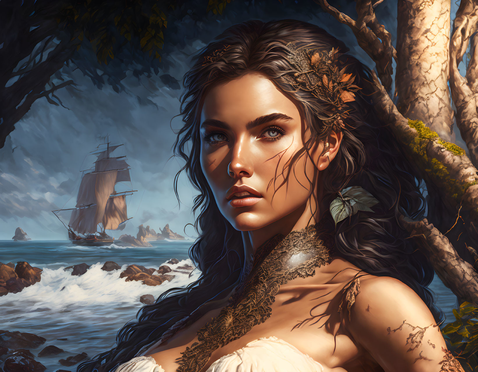 Woman with leaf adornments and ship in coastal setting.