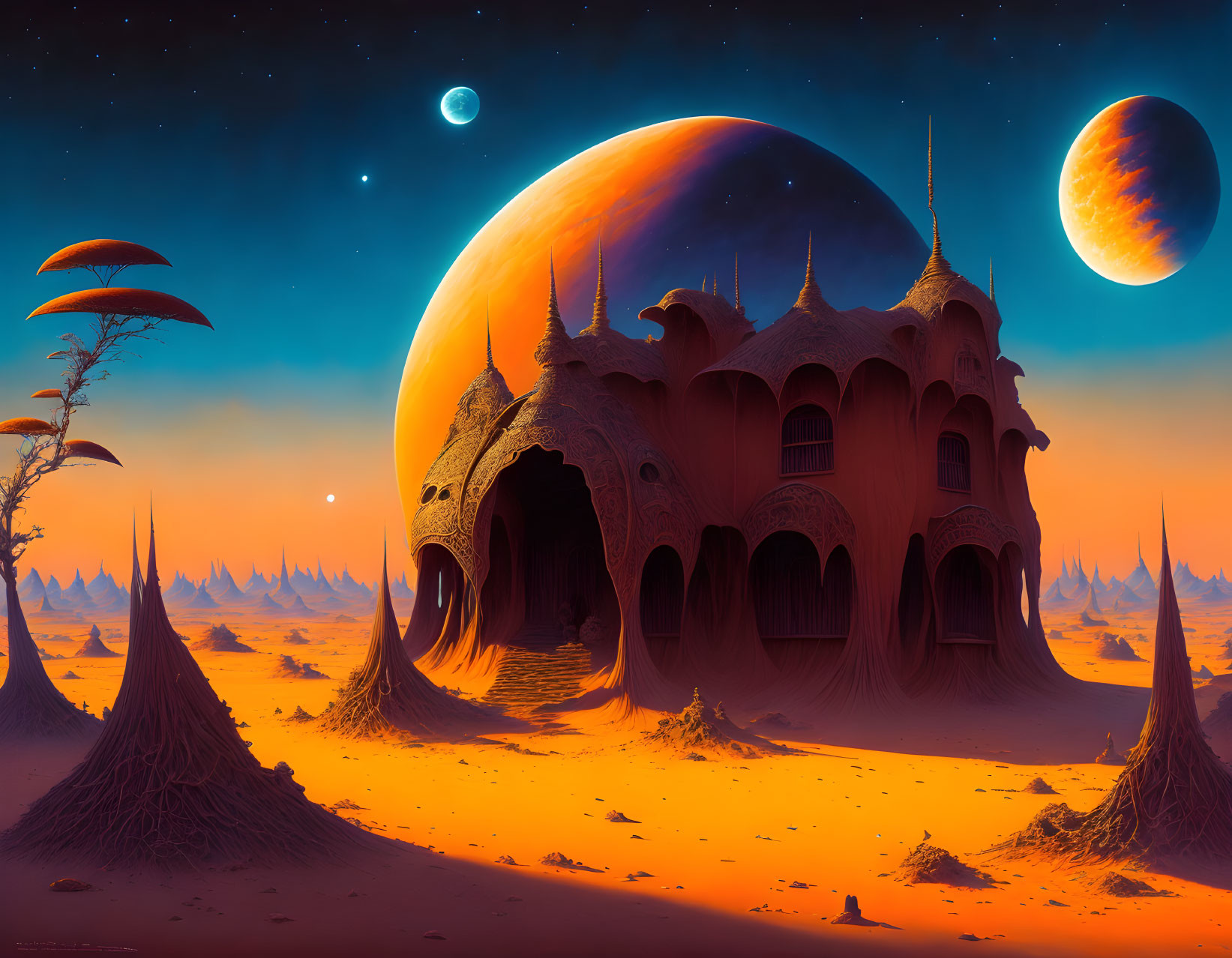 Alien landscape with organic structure, towering spires, two moons in twilight sky