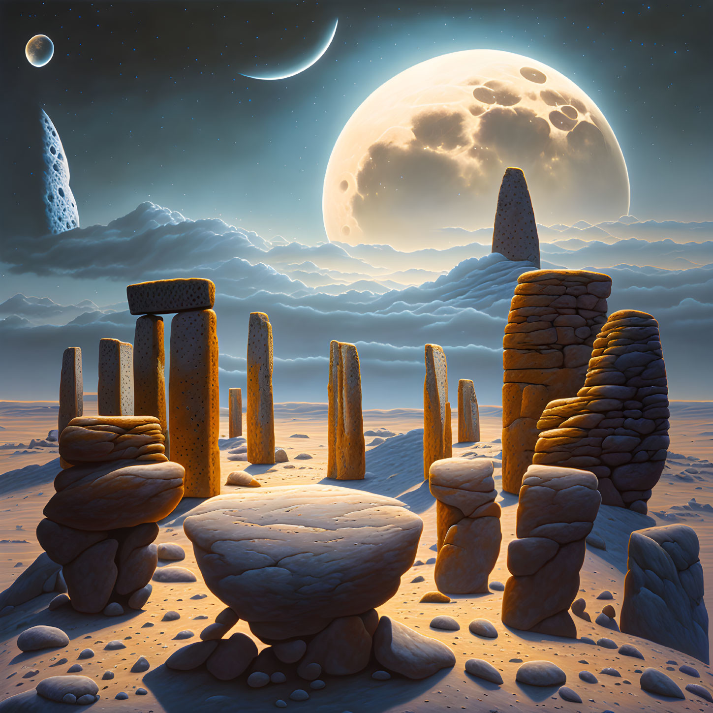 Night sky landscape with stone formations and large moon