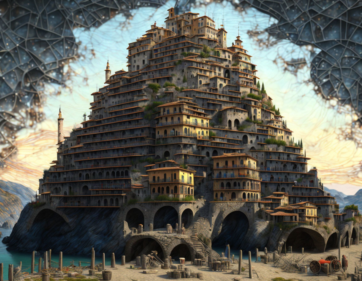 Fantastical multi-tiered city with traditional architecture by the coastline