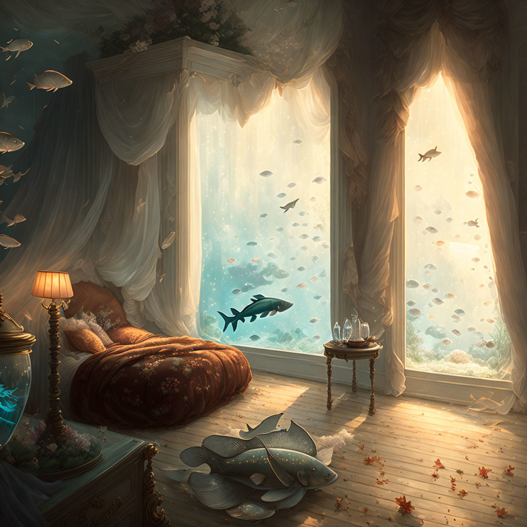 Underwater Bedroom with Fish Views and Cozy Ambiance