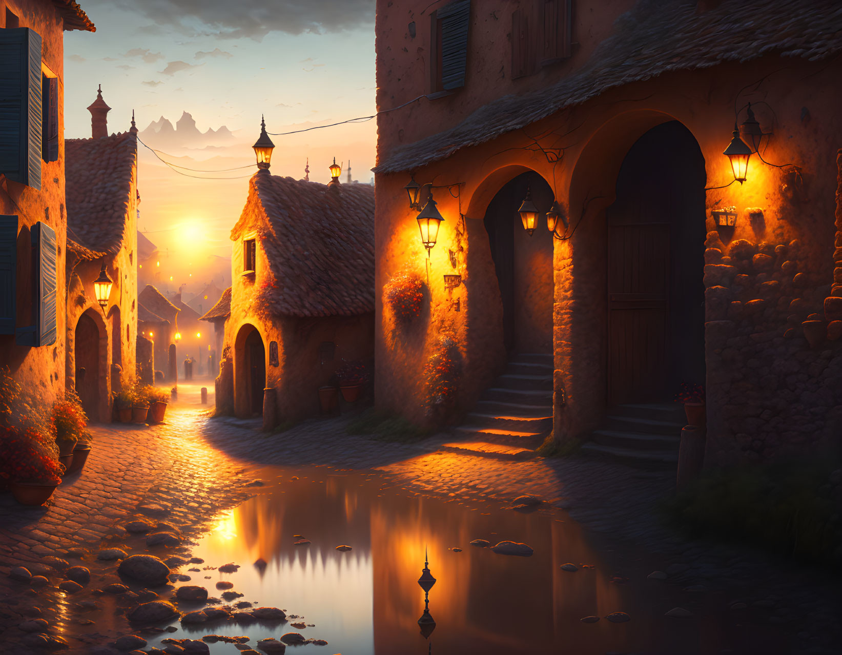 Charming village street at sunset with glowing streetlights, cobblestone paths, traditional houses, and