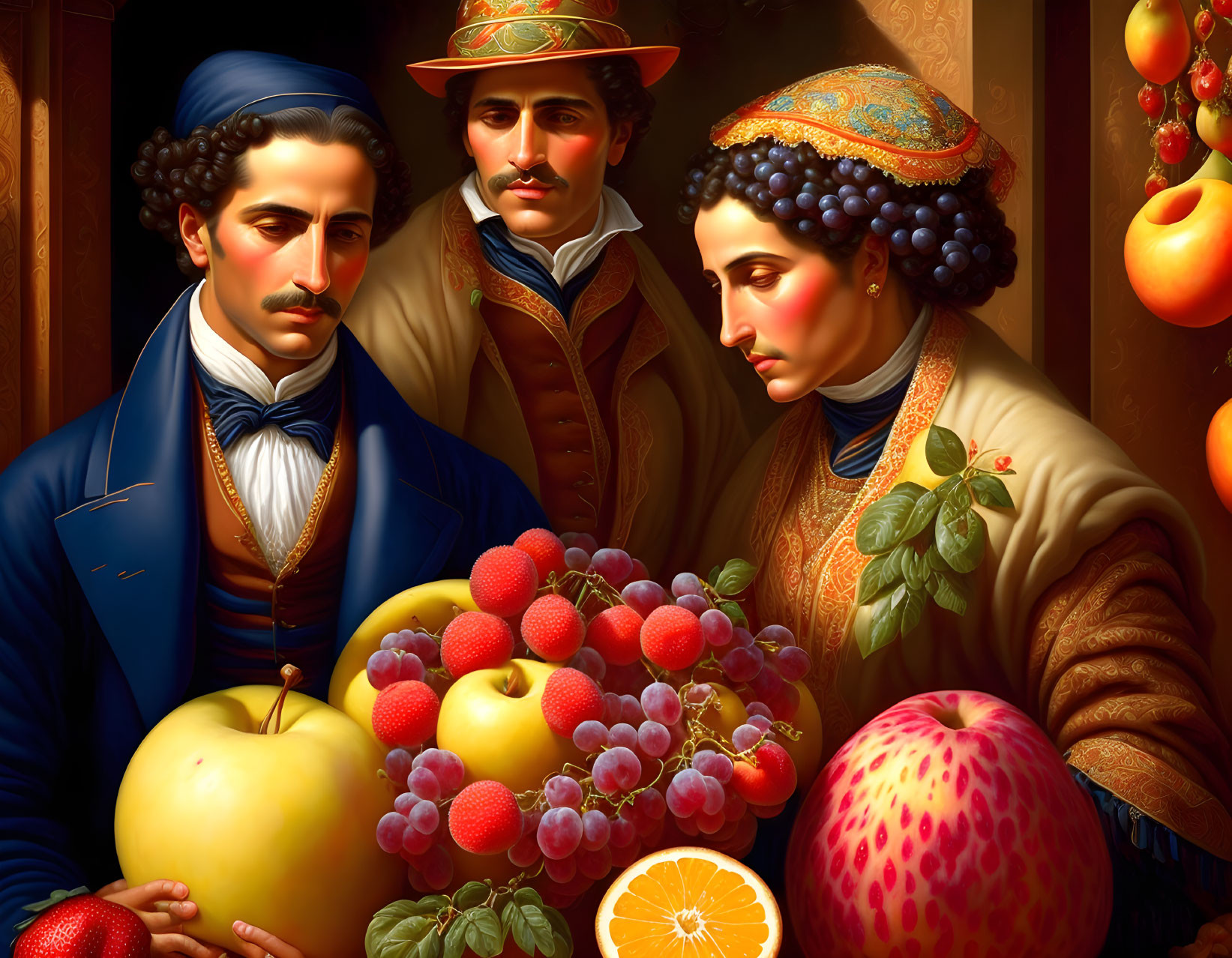 Three people in traditional attire with colorful fruits on a table