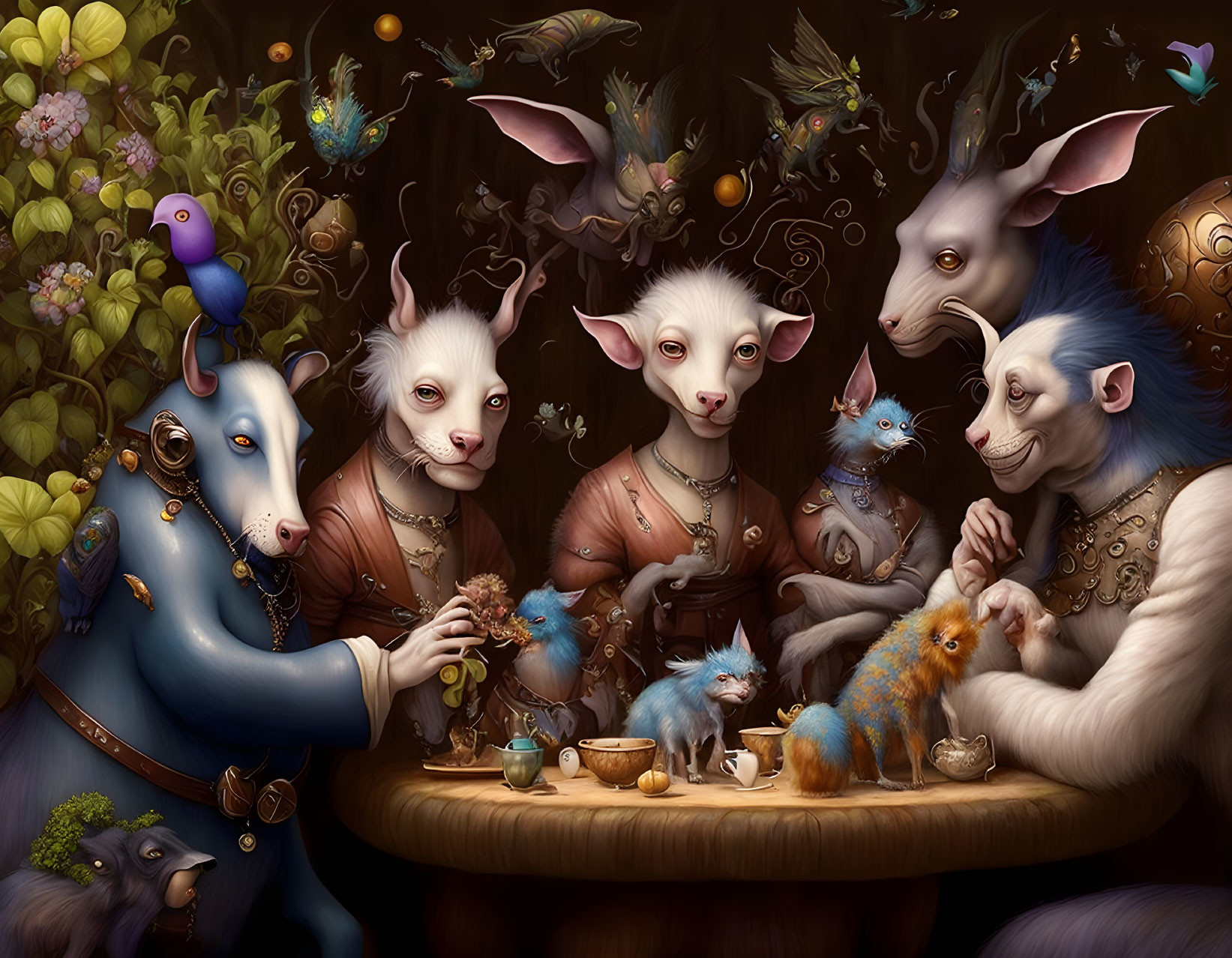 Anthropomorphic animals in renaissance attire at a table with bird, teacups, and fruits