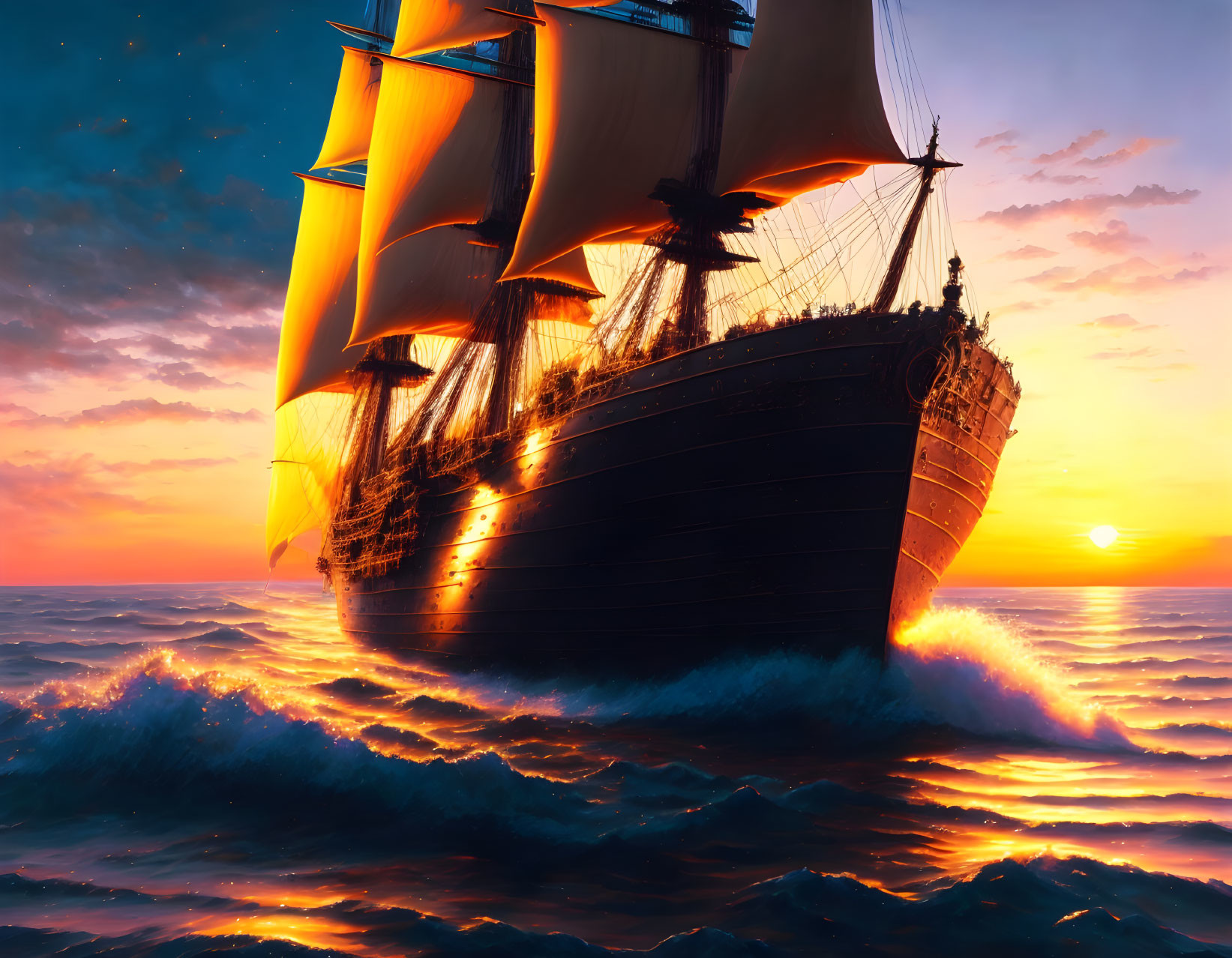 Sailing ship with billowing sails on ocean at sunset