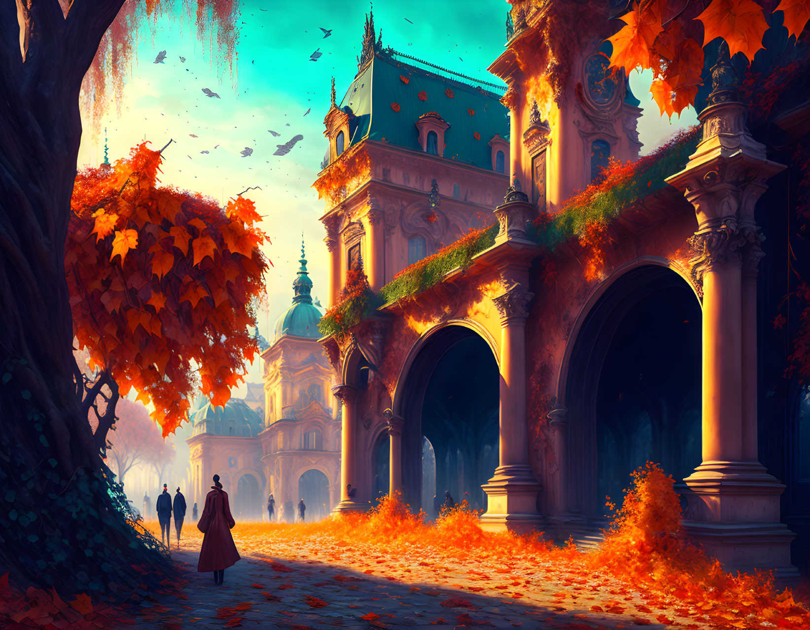 Couple walking in autumn scene among historic buildings with vivid leaves