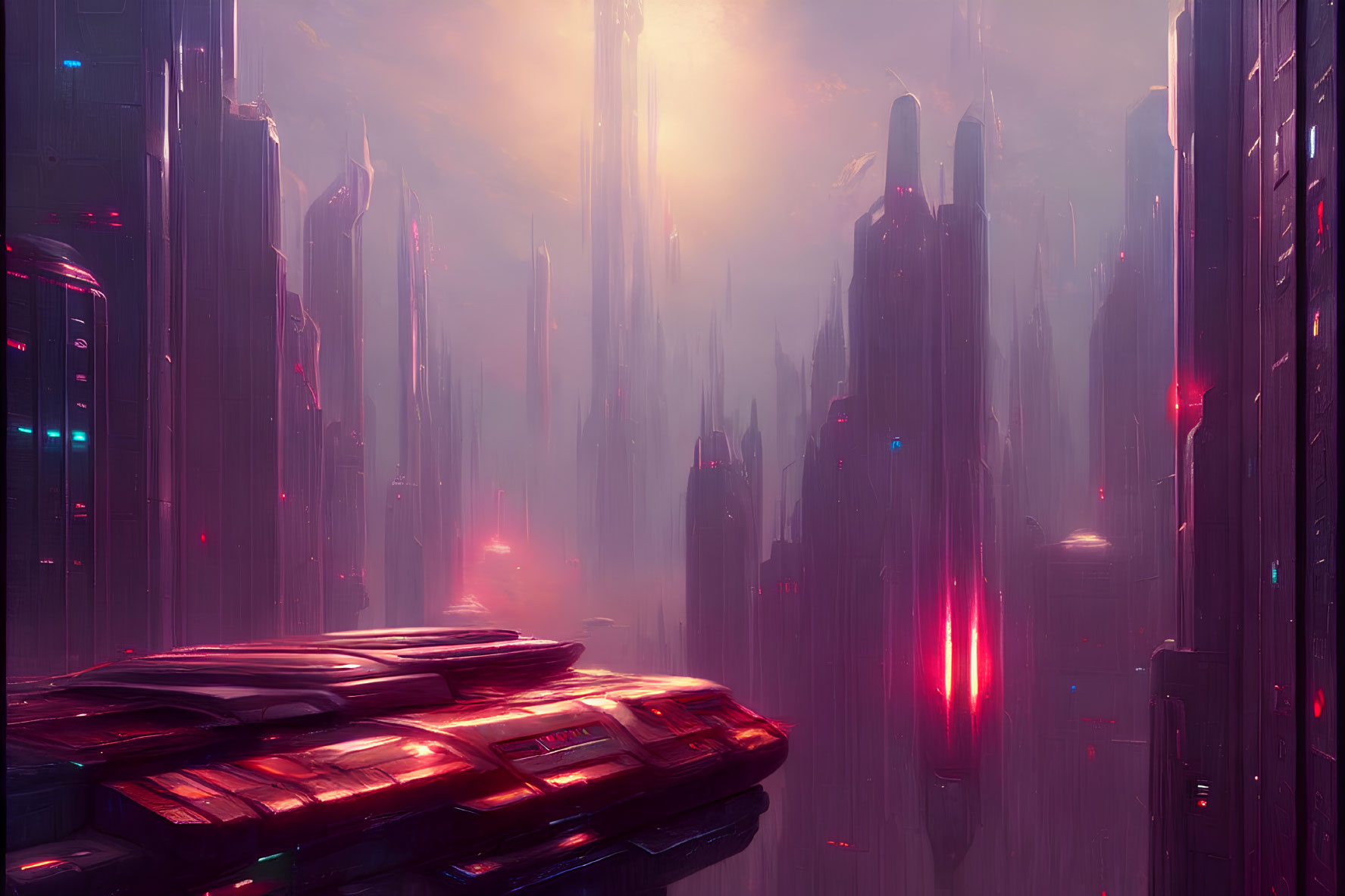 Futuristic cityscape with towering skyscrapers and flying vehicles