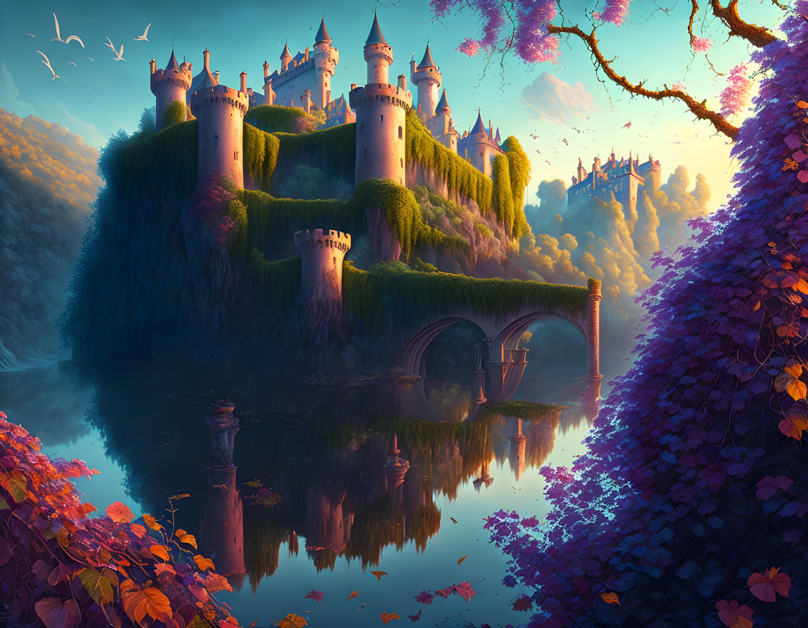 Majestic castle on green hill with calm lake, arching bridges, and purple foliage