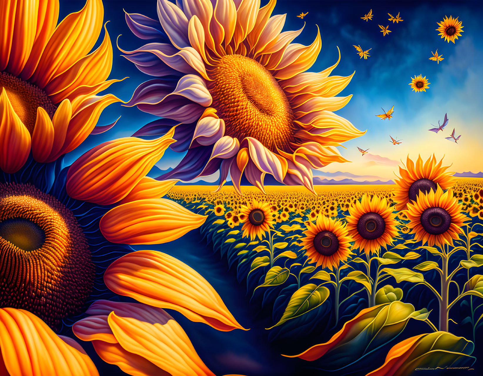 Sunflower Field Sunset Illustration with Blooms and Birds