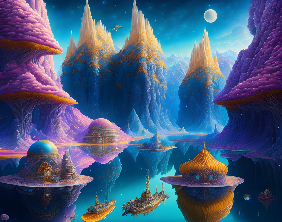 Alien landscape with purple mountains, water bodies, structures, and starlit sky