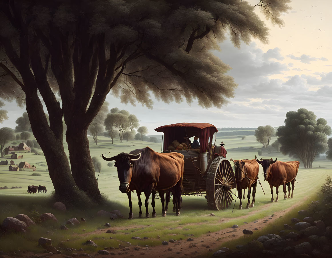 Traditional covered wagon pulled by oxen on pastoral trail with tree-dotted landscape and grazing cattle under serene